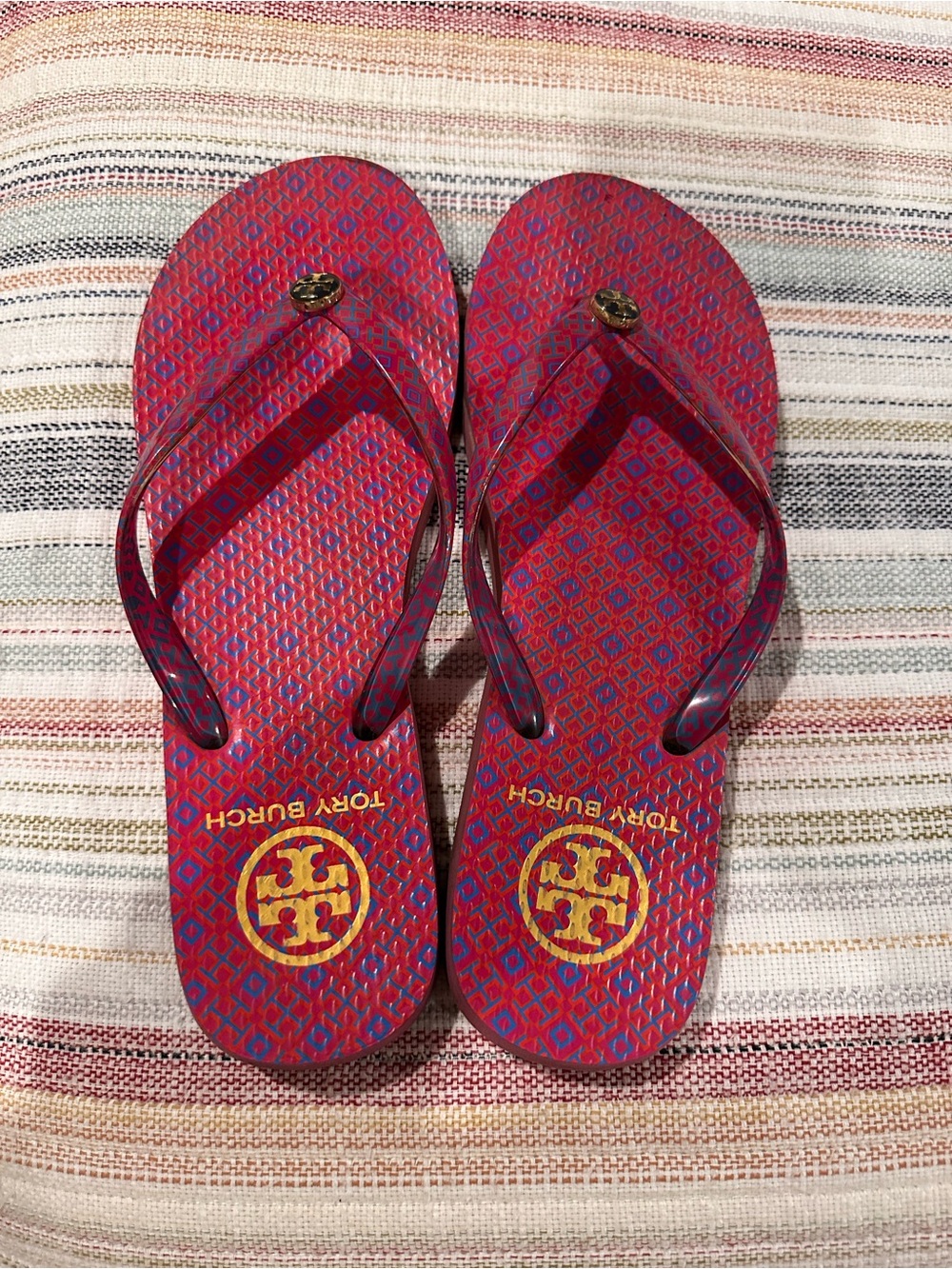 Tory Burch Pink Patterned Logo Flip Flops 7